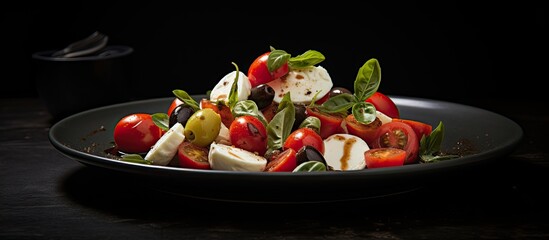 A plate with flavorful olives ripe tomato and a chunk of firm goat cheese Positioned from the top the image showcases the dish against a dark backdrop leaving room for text or other elements