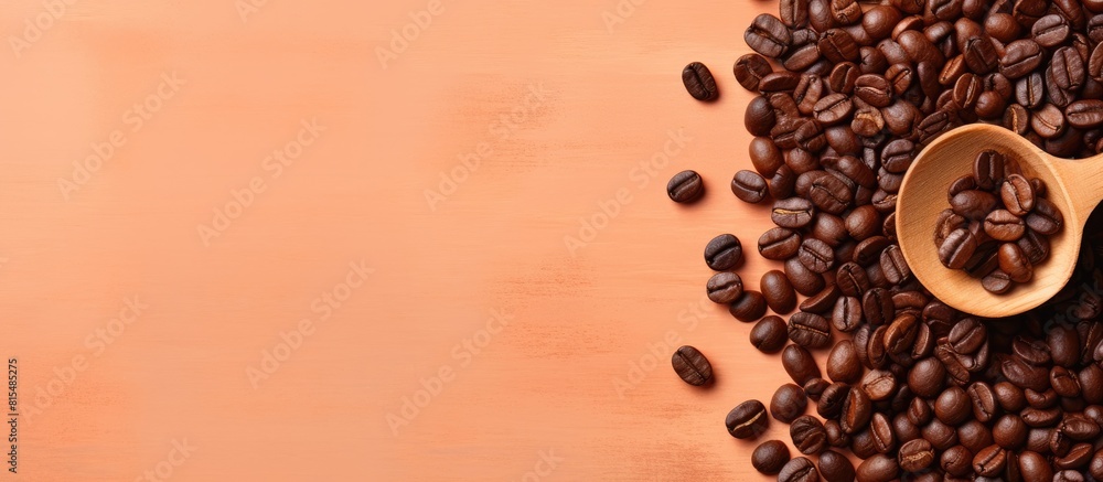 Poster a copy space image featuring a wooden board adorned with a spoon of body scrub and coffee beans plac