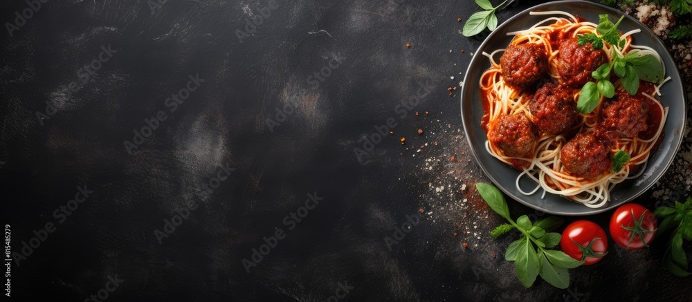 Poster a top view of pasta with beef meatballs in tomato sauce basil and parmesan cheese on a dark stone ta