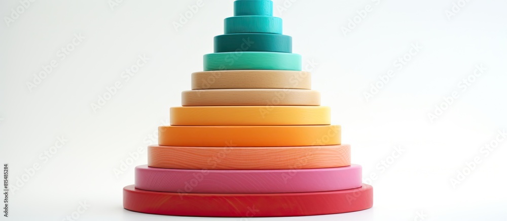 Poster A colorful pyramid of wooden rings arranged on a white background for use as a copy space image