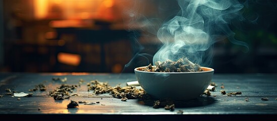 A close up photo of cigarettes placed in an ashtray on a black wooden table In the background there is a blurred image of a man sitting on a chair in a smoking area The image promotes a healthy conce
