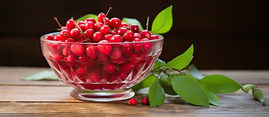 A revitalizing cocktail of honeysuckle berries is displayed in a small bowl against a natural wood background providing plenty of space for adding text. Creative banner. Copyspace image