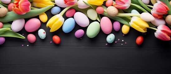 A beautiful spring holiday background featuring vibrant Easter eggs delicate tulips and an assortment of delicious candies arranged within a frame with copy space for added customization