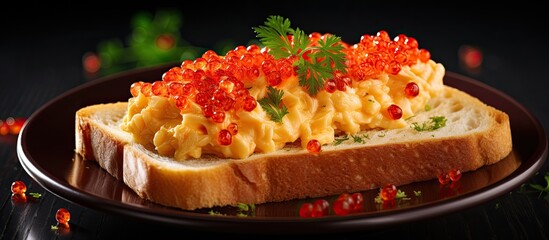 A delicious breakfast featuring scrambled eggs on toast adorned with red caviar all complemented by a copy space image