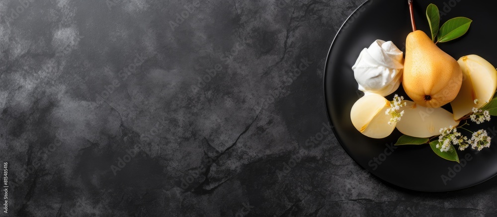 Poster Top view of a plate with poached pears and ice cream placed on a dark stone background The image provides copy space