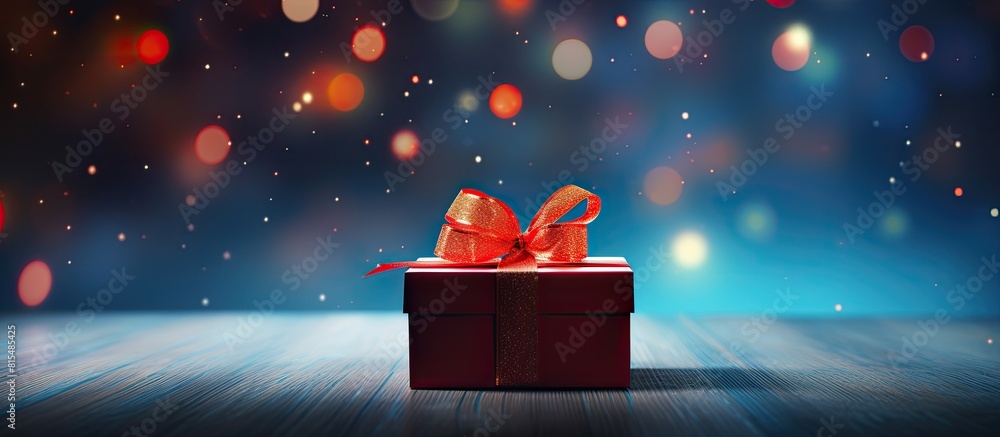 Poster A small gift box with a red ribbon placed against a neon abstract background with copy space image