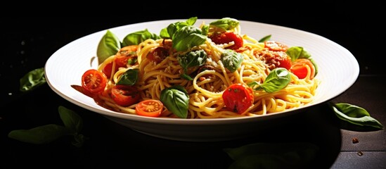 A delicious dish of spaghetti combined with a medley of fresh summer vegetables served as a mouth watering meal copy space image