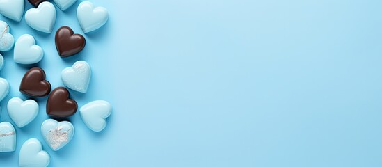 Pastel azure background with a heart shaped arrangement of blue sweet chocolates Flat lay top view Perfect for expressing love on occasions like Valentine s Day Mother s Day or a birthday card with c