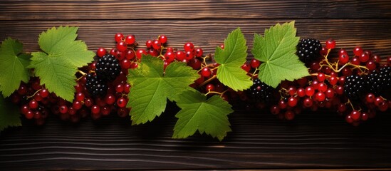 A copy space image showcasing ripe red and black currant arranged on a wooden background