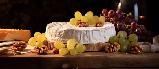 A mouthwatering copy space image featuring Camembert cheese garnished with crunchy walnuts and juicy grapes