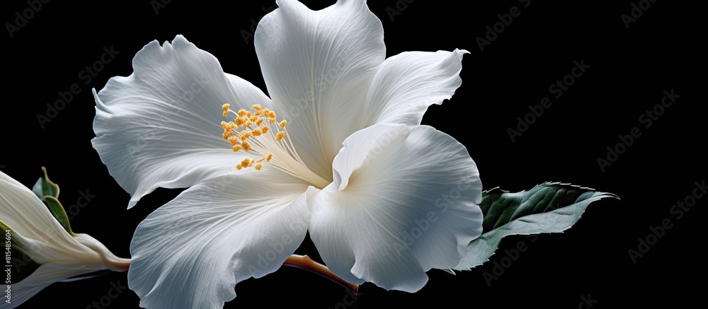 Poster copy space image of a flower featuring a pristine white coloration set against a contrasting black b