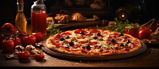 Authentic Italian cuisine featuring a homemade pizza with a mouthwatering taste Capture the essence of Italy through this delectable dish. Creative banner. Copyspace image