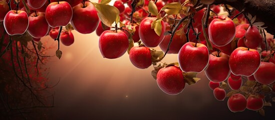 There is a copy space image of red apples hanging from a tree