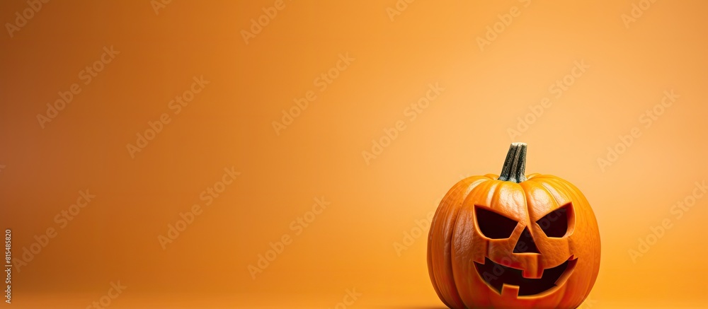 Poster a creatively designed halloween pumpkin sits alone on a yellow background providing ample space for 
