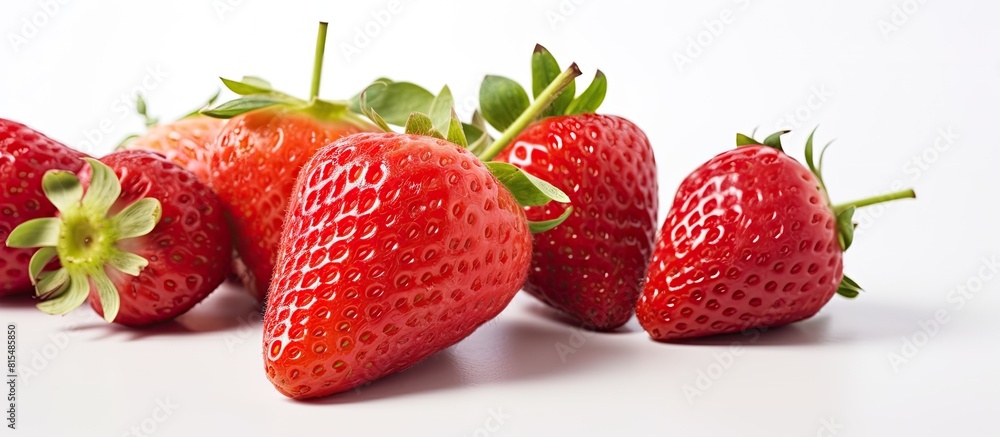 Aufkleber Close up image of fresh strawberries captured in a macro shot with a clean white background and ample space surrounding the berries
