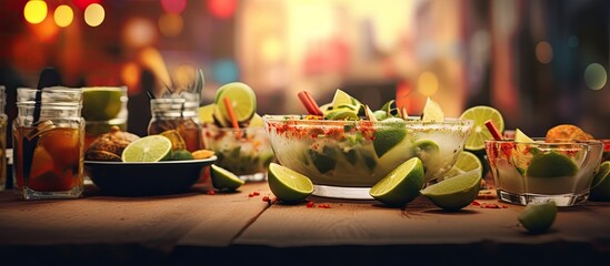 Blurred background featuring Mexican food tacos tequila shots limes for drinking and ingredients Blur added for enhanced effect Copy space image