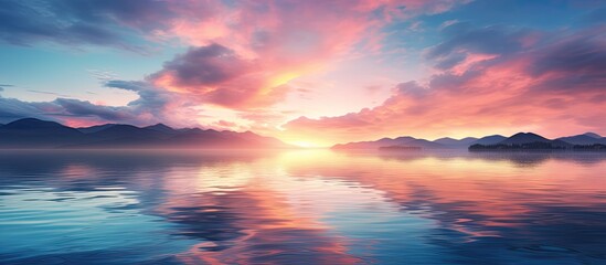 A stunning and picturesque sunrise scene with vibrant colors illuminating the sky and reflecting on the serene water surface creating a captivating copy space image