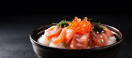 A copy space image featuring a salmon donburi with sliced raw salmon placed on top of cooked rice and accompanied by salmon roe