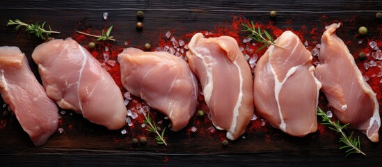 The butchered chicken pieces rest on a wooden surface as a copy space image with a plain gray backdrop captured from above