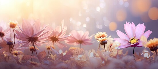 An enchanting composition of flowers captured up close with a dreamy bokeh background that adds a touch of magical ambiance to the copy space image