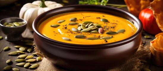 A creamy flavorful soup made with roasted pumpkin carrots and topped with pumpkin seeds all in a beautiful copy space image