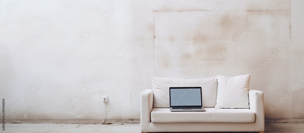Poster there is a copy space image of a laptop placed on a sofa against a white wall background