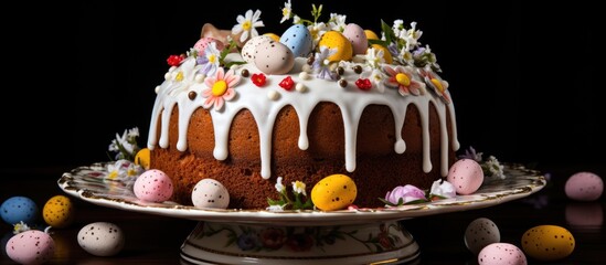 High quality photo of an Easter cake in the shape of a brown cake covered in white glaze and decorated with painted eggs. Creative banner. Copyspace image