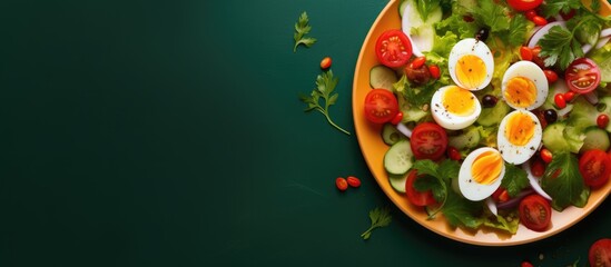 Colorful background with a plate showcasing a nutritious salad featuring eggs with ample space for copy or images 113 characters