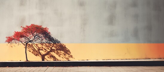 The wall displays a shadow of a tree creating a background with a strip of color Copy space image