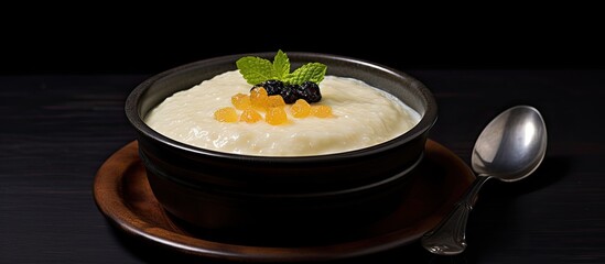 A bowl of Noah s pudding a traditional Turkish dessert is placed on a black slate background providing space for copy or additional images