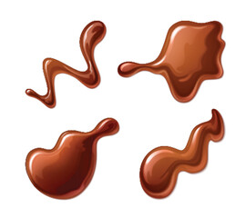 Liquid toffee caramel or hot milk chocolate splash and drops. Realistic 3d vector illustration set of sweet brown dessert sauce or syrup droplet. Sugary choco creamy confection spilled droplets.