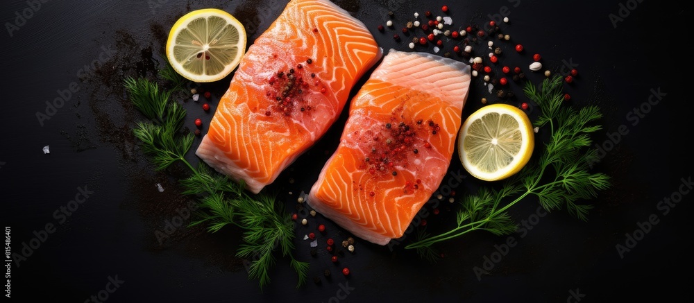 Poster an overhead shot of two salmon slices on a dark backdrop with lemon slices peppercorns and dill spri