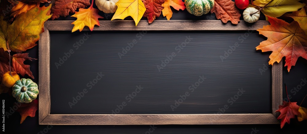 Poster Top view of a blackboard adorned with Autumn decorations on a wooden frame The image is toned with plenty of space available for your text. Creative banner. Copyspace image