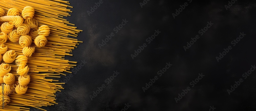Poster A set of long yellow uncooked dried pasta is arranged on a black stone background viewed from the top with ample space for text