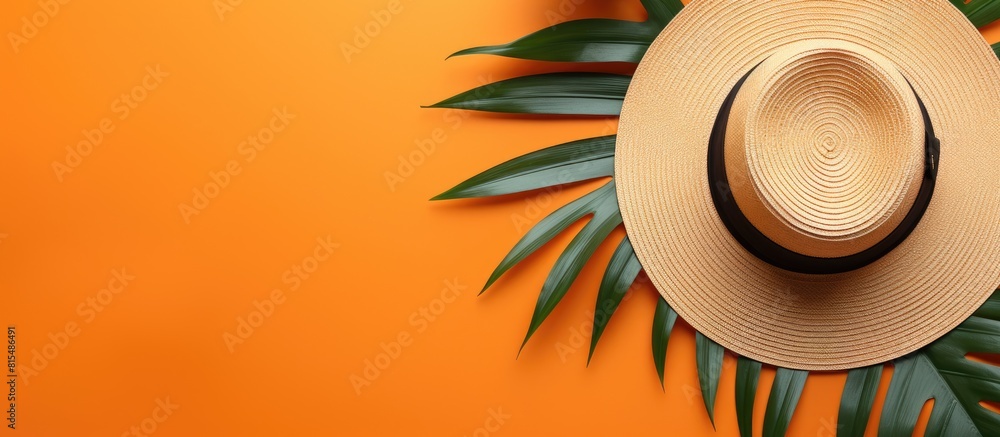 Poster copy space image featuring a fashionable straw hat and a vibrant tropical leaf set against an orange