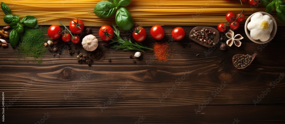 Poster top view of a wooden table with all the ingredients needed for making pasta spaghetti fresh cherry t