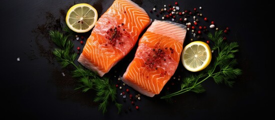 An overhead shot of two salmon slices on a dark backdrop with lemon slices peppercorns and dill sprigs providing copy space image