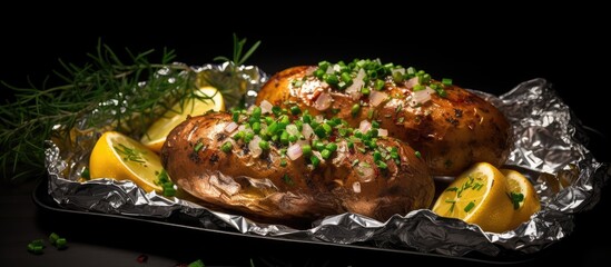 On a table there is a copy space image of baked potatoes in foil garnished with dill rosemary garlic lemon and green peppers The black background complements the flat lay composition