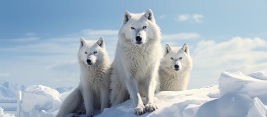 Naklejka premium Arctic wolves with their characteristic white fur inhabit the remote and frigid regions of the Arctic A copy space image of these majestic animals captures their striking beauty and resilience in the