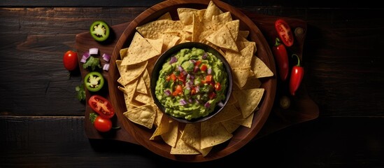 A top view of a plate with fresh guacamole and tortilla chips surrounded by a dark brown background The image provides copy space for text and represents the concept of traditional Mexican foods and