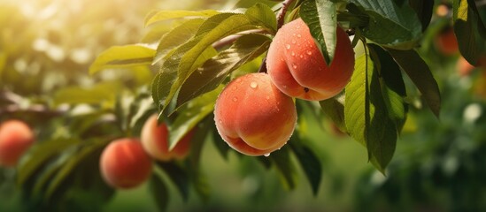 A copy space image of ripe peaches hanging from trees in a lush orchard