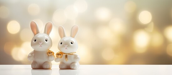 Two adorable bunny figurines with a smiling face pattern sit on a female hand creating a cute and harmonious image The light background adds a conceptual touch allowing for copy space around the imag - Powered by Adobe