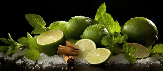Copy space image of ingredients for Mojito including juicy lime fresh mint and rich brown sugar