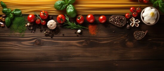 Top view of a wooden table with all the ingredients needed for making pasta spaghetti fresh cherry tomatoes basil leaves garlic onions flavored oil and ample copy space for additional elements