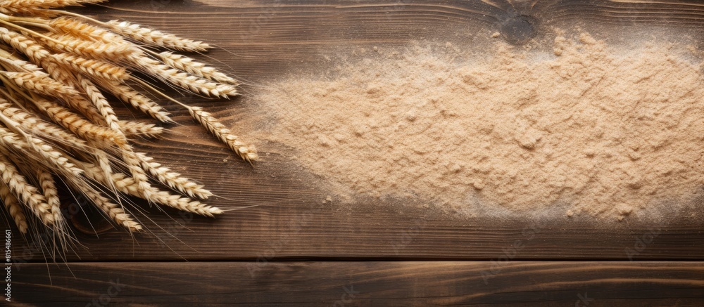 Poster Top view of a wooden table with a sprinkling of wheat flour and ample space for text at the side Original Sprinkled wheat flour on wooden table with empty space for text top view