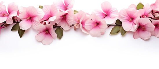 A beautiful arrangement of pink flowers and green leaves on a clean white background providing ample copy space for text or other content