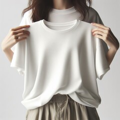A woman holding a white t shirt mockup image art has illustrative meaning has illustrative meaning.