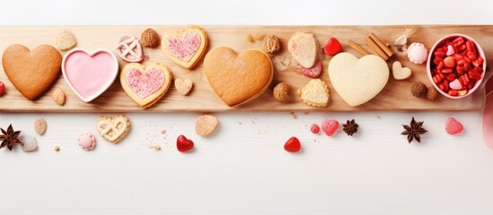 Valentine s Day celebration featuring a copy space image of a board adorned with raw heart shaped cookies and ingredients on a light background perfect for adding text