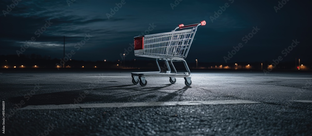 Poster A shopping cart is seen in an empty parking lot creating a serene and isolated atmosphere. Creative banner. Copyspace image
