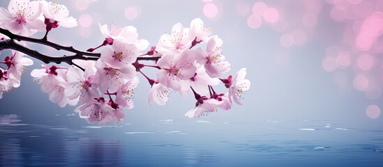 Cherry blossoms in full bloom create a serene and enchanting scene with their delicate petals gently falling against a backdrop of serene tranquility This copy space image captures the essence of the